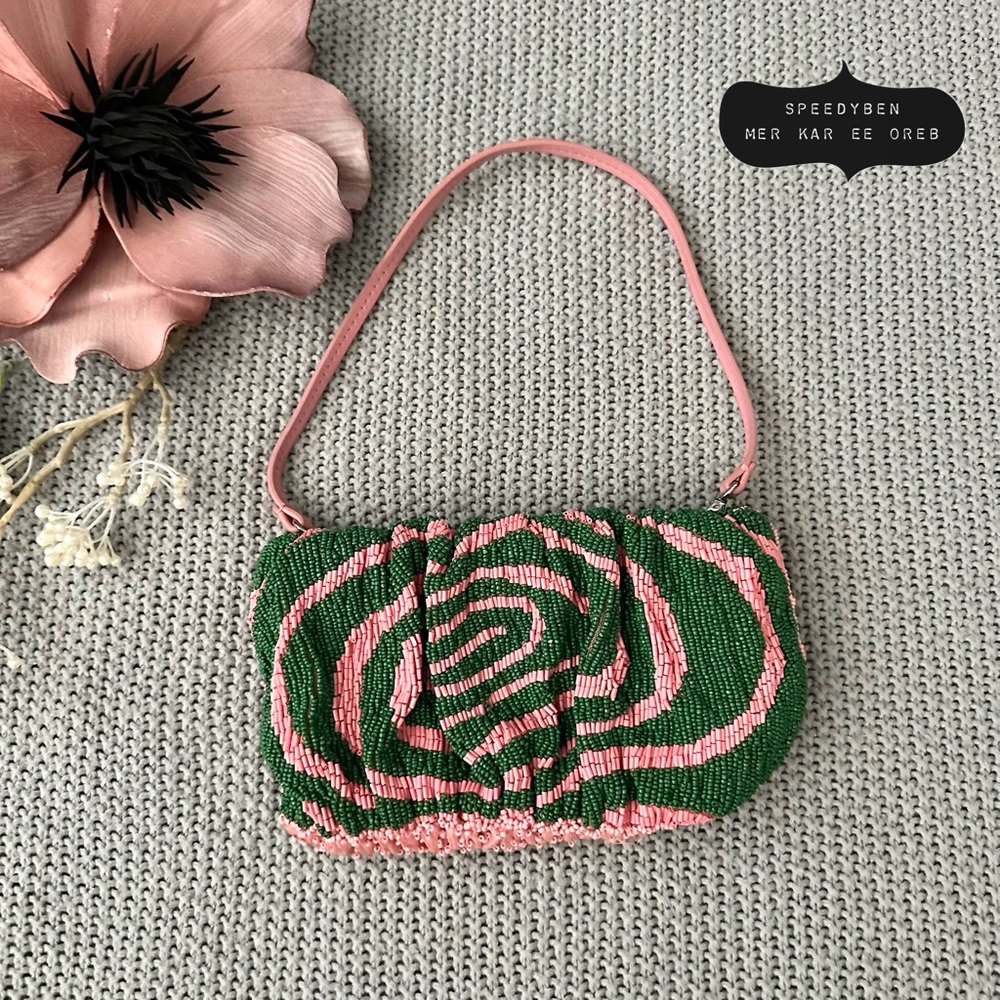 STAUD Beaded Bean Emerald Quartz Acid Swirl Clutch Mini Bag - Picture 3 of 17